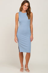 Light Blue Ribbed Side Slit Maternity Fitted Dress