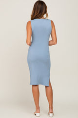 Light Blue Ribbed Side Slit Fitted Dress
