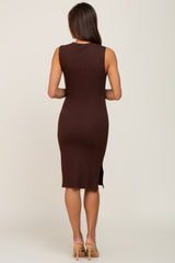 Brown Ribbed Side Slit Maternity Fitted Dress