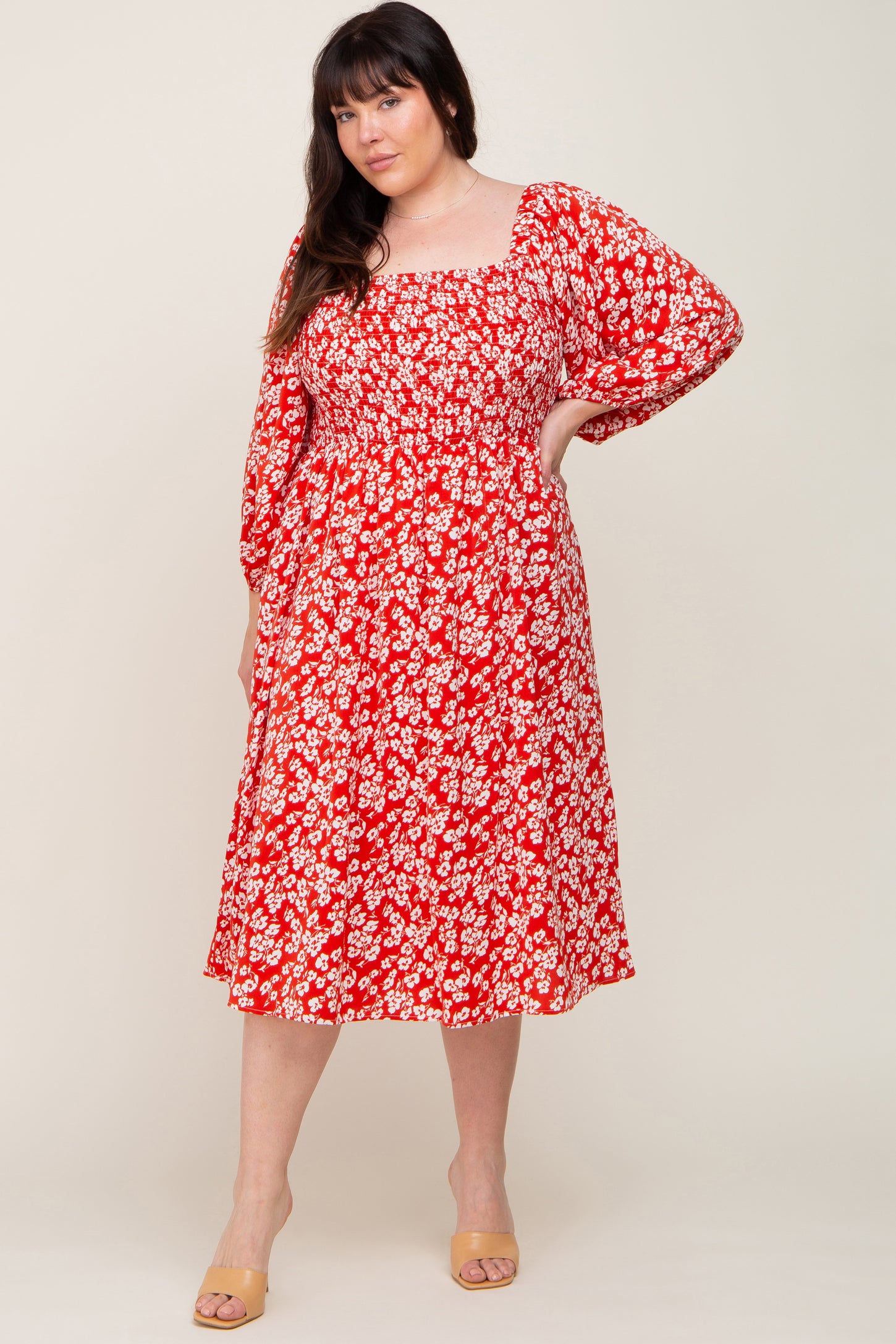 Red Floral Square Neck Smocked Short Sleeve Plus Midi Dress