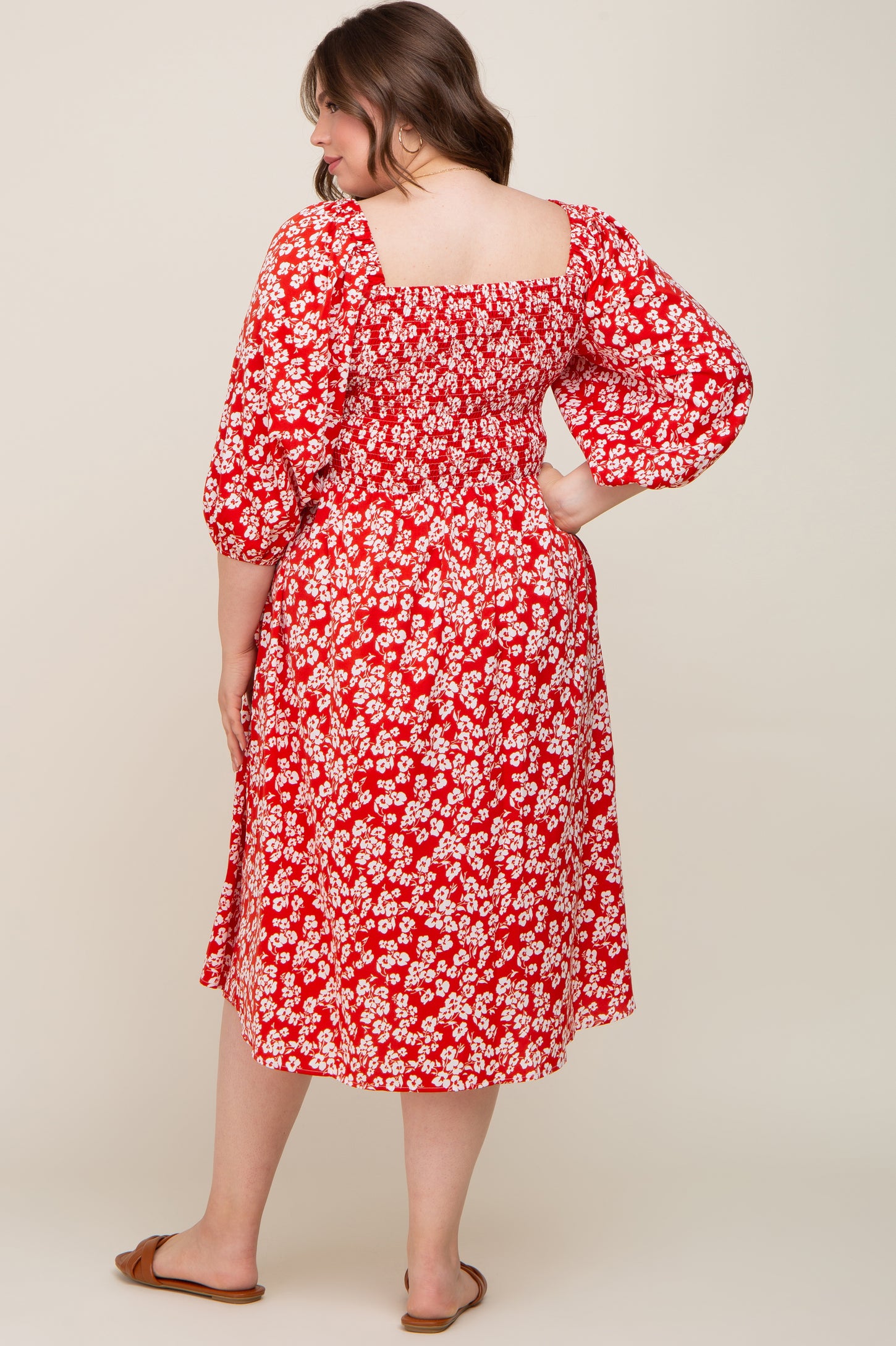 Red Floral Square Neck Smocked Short Sleeve Maternity Plus Midi Dress PinkBlush Red Floral Square Neck Smocked Short Sleeve Maternity Plus Midi Dress PinkBlush
