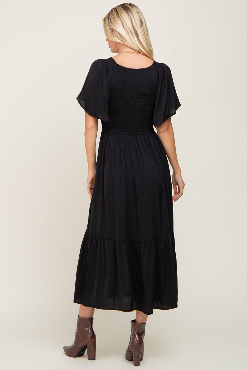 Black Satin Smocked Midi Dress – PinkBlush