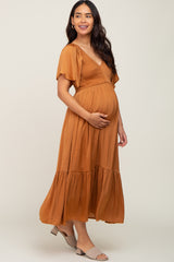 Rust Satin Smocked Maternity Midi Dress