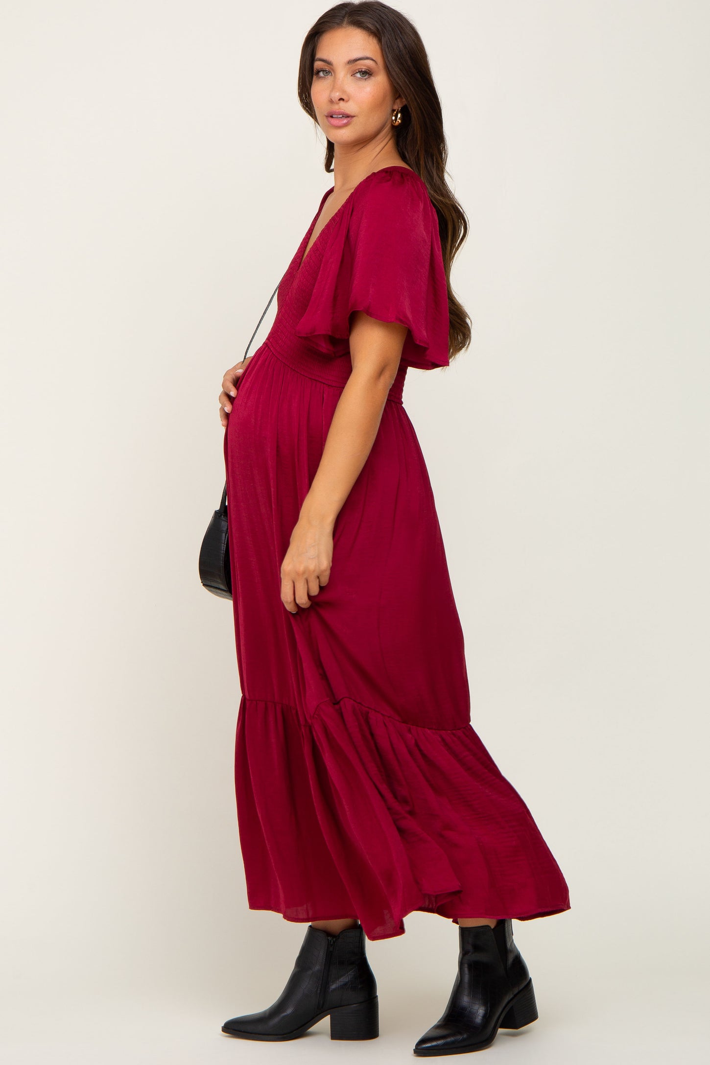 Burgundy Satin Smocked Maternity Midi Dress