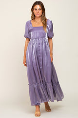 Lavender Satin Square Neck Short Puff Sleeve Maxi Dress