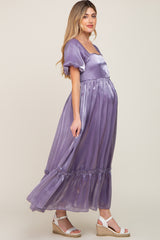 Lavender Satin Square Neck Short Puff Sleeve Maternity Maxi Dress
