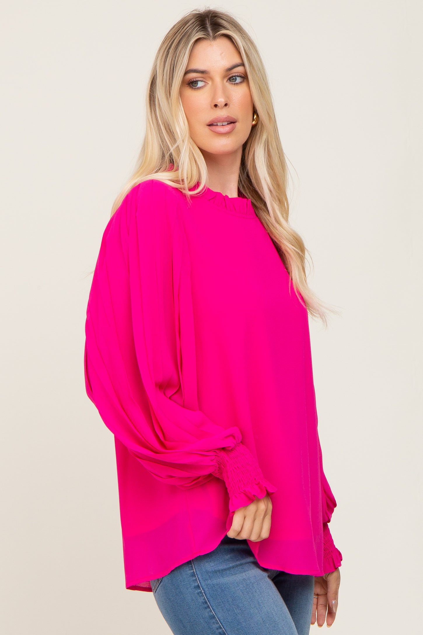 Fuchsia Chiffon Ruffle Accent Pleated Blouse