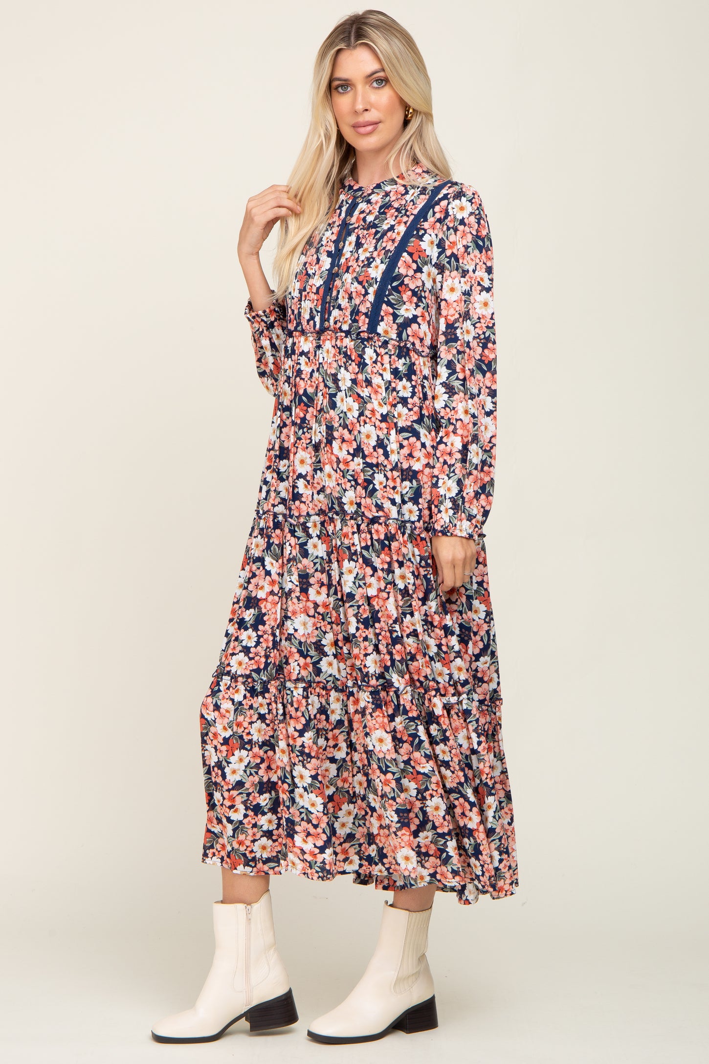 Navy Floral Pleated Front Button Maxi Dress