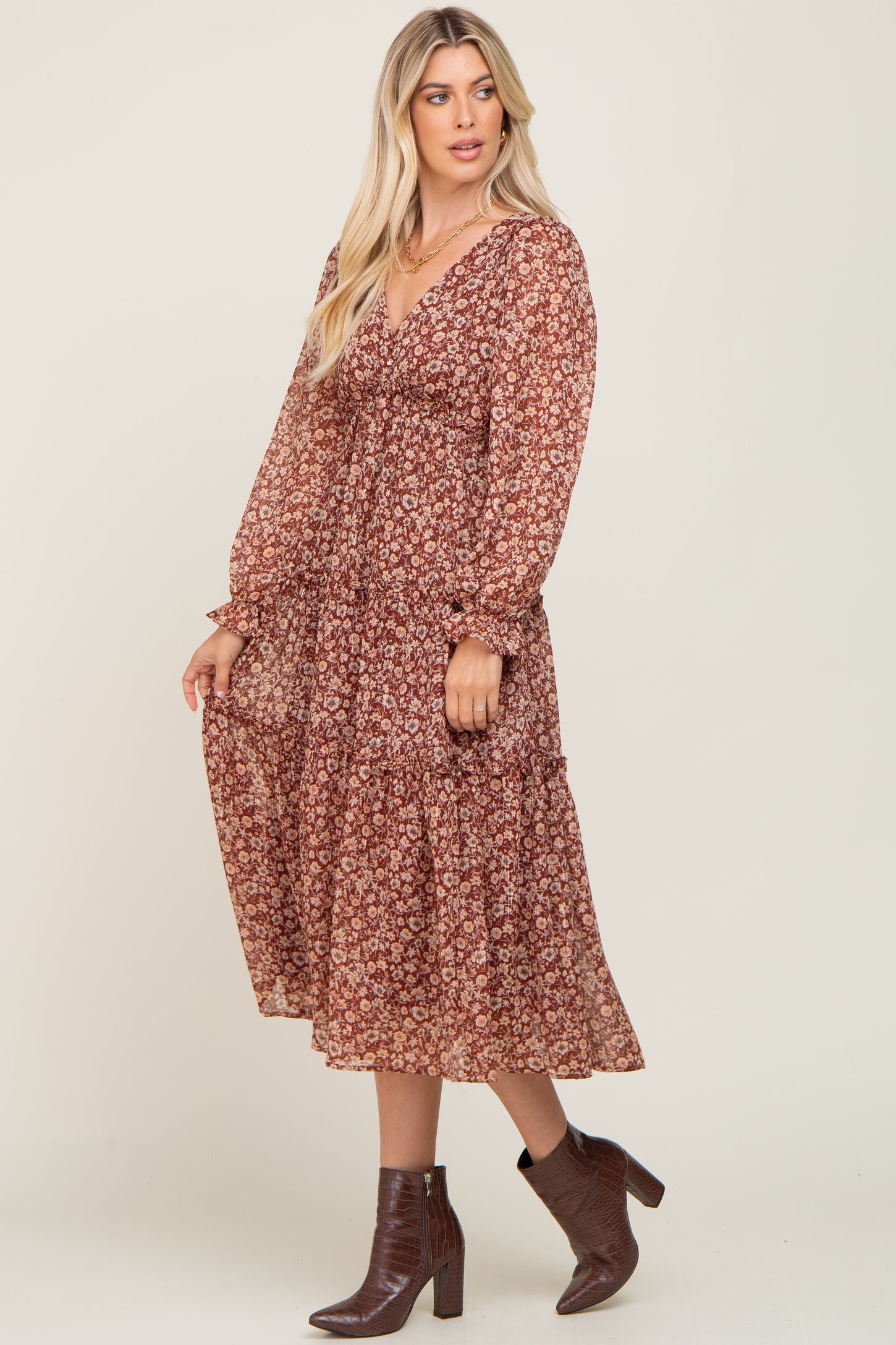 Brown Floral Ruffle Tiered Midi Dress
