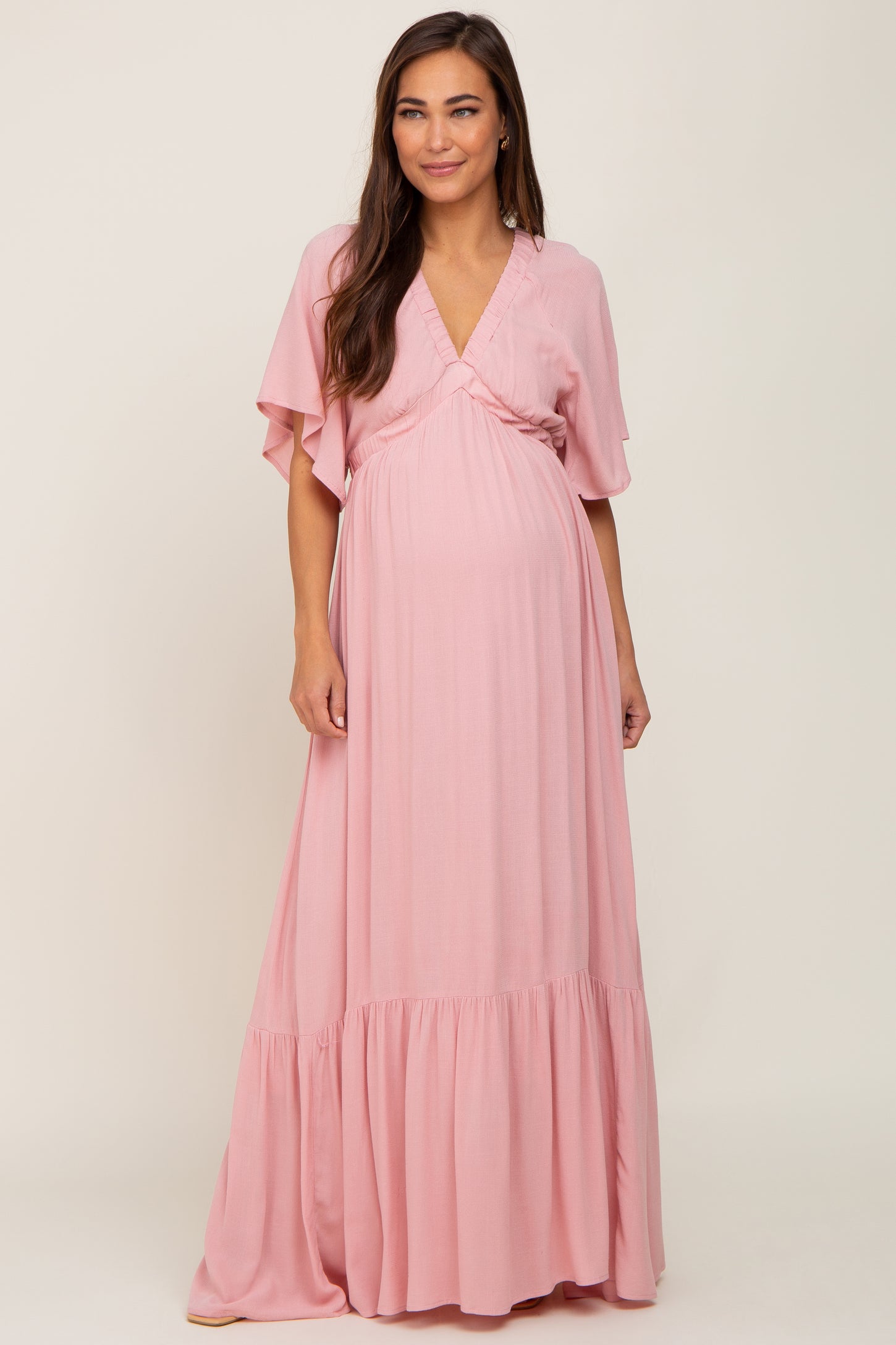 Light Pink V-Neck Flounce Sleeve Maternity Maxi Dress– PinkBlush