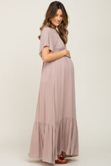 Taupe V-Neck Flounce Sleeve Maternity Maxi Dress