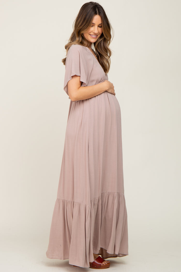 Taupe V-Neck Flounce Sleeve Maternity Maxi Dress