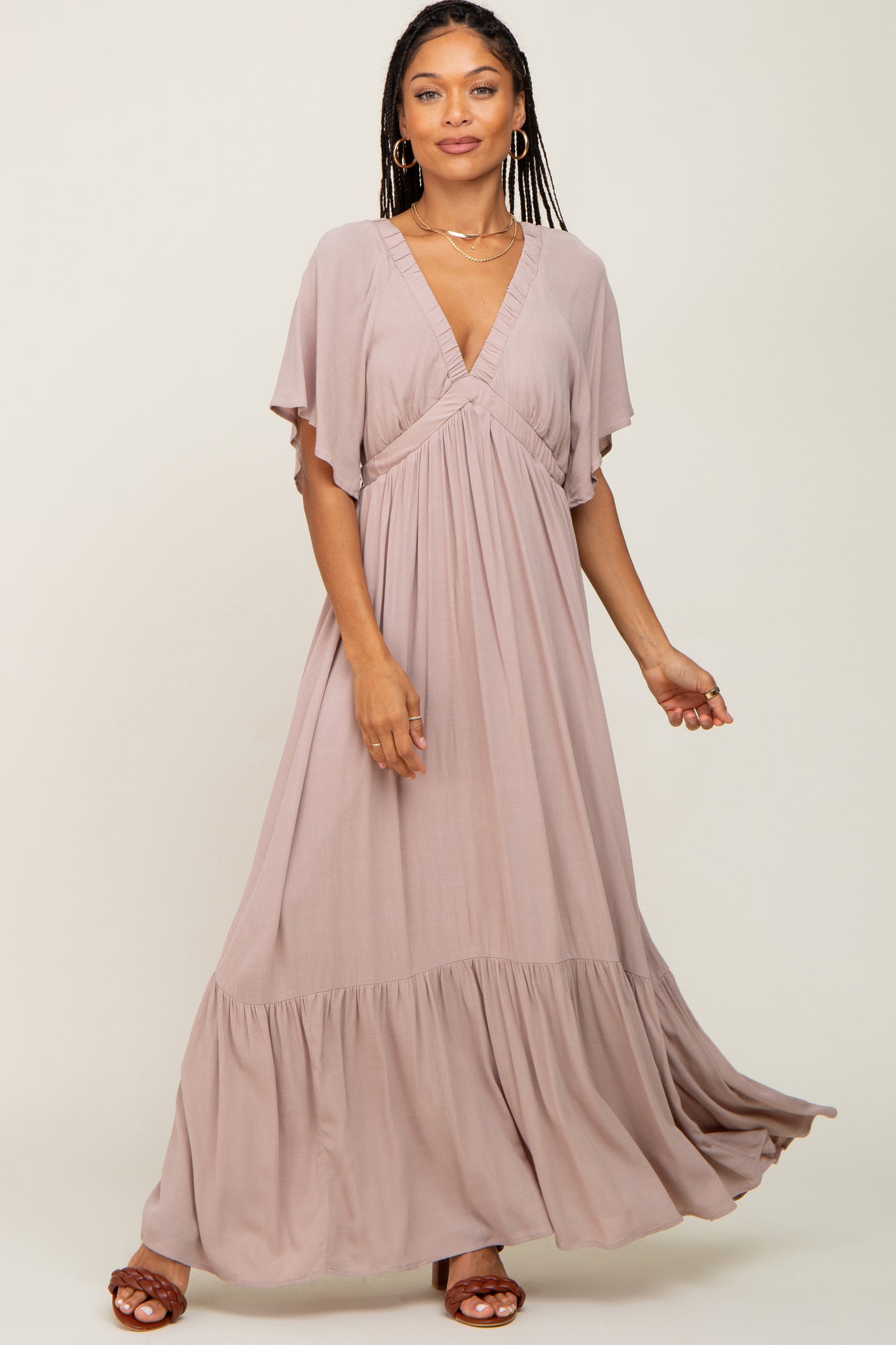Taupe V-Neck Flounce Sleeve Maternity Maxi Dress