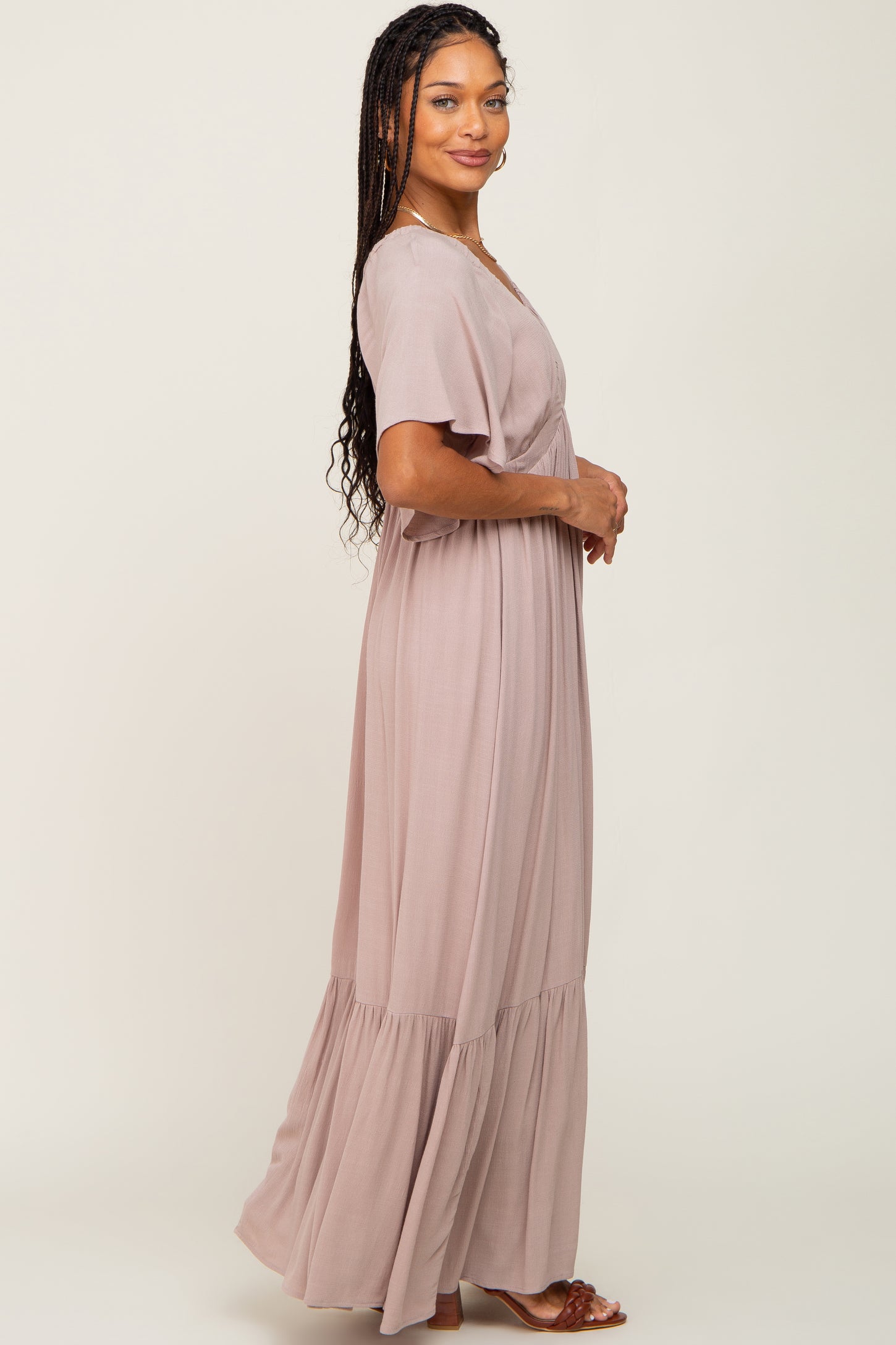 Taupe V-Neck Flounce Sleeve Maxi Dress PinkBlush Taupe V-Neck Flounce Sleeve Maxi Dress PinkBlush