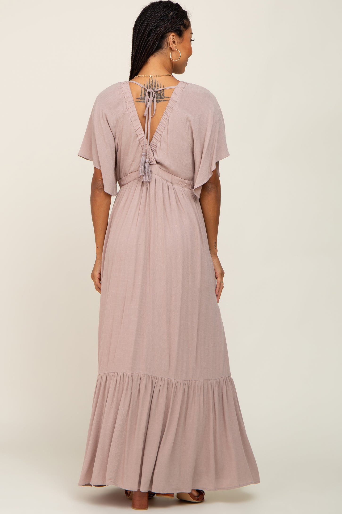 Taupe V-Neck Flounce Sleeve Maternity Maxi Dress Taupe V-Neck Flounce Sleeve Maternity Maxi Dress