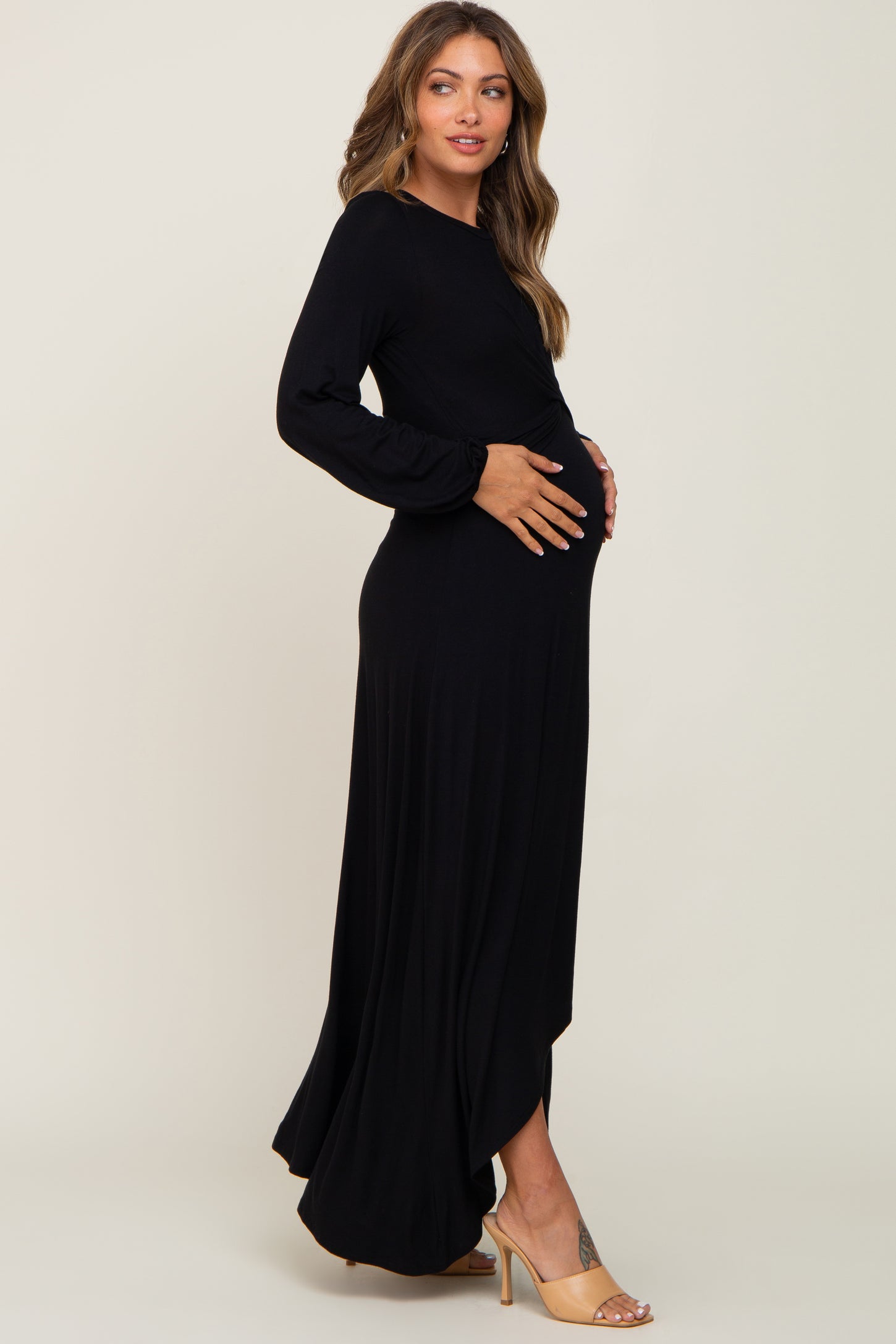 Black Twisted Long Sleeve Hi-Low Hem Maternity Maxi Dress