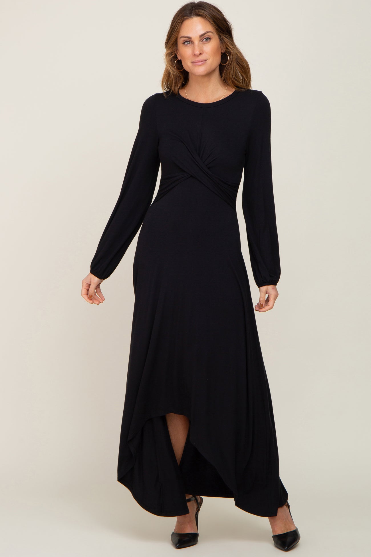 Black Twisted Long Sleeve Hi-Low Hem Maternity Maxi Dress PinkBlush Black Twisted Long Sleeve Hi-Low Hem Maternity Maxi Dress PinkBlush