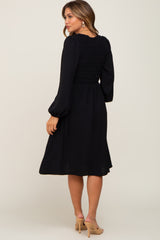 Black Smocked Long Sleeve Maternity Midi Dress