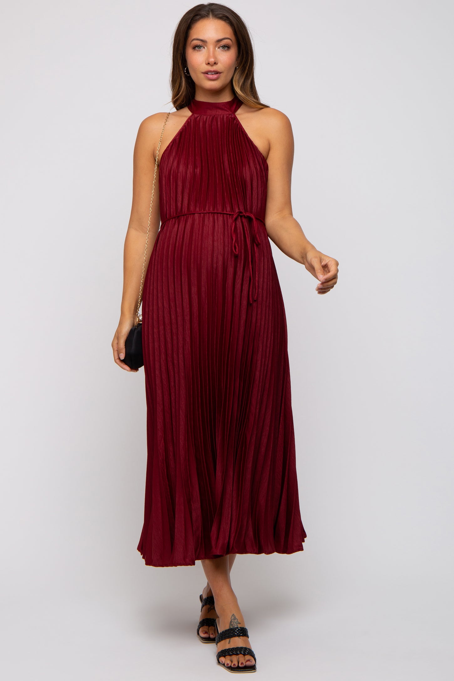 Burgundy Pleated Maternity Halter Dress – PinkBlush