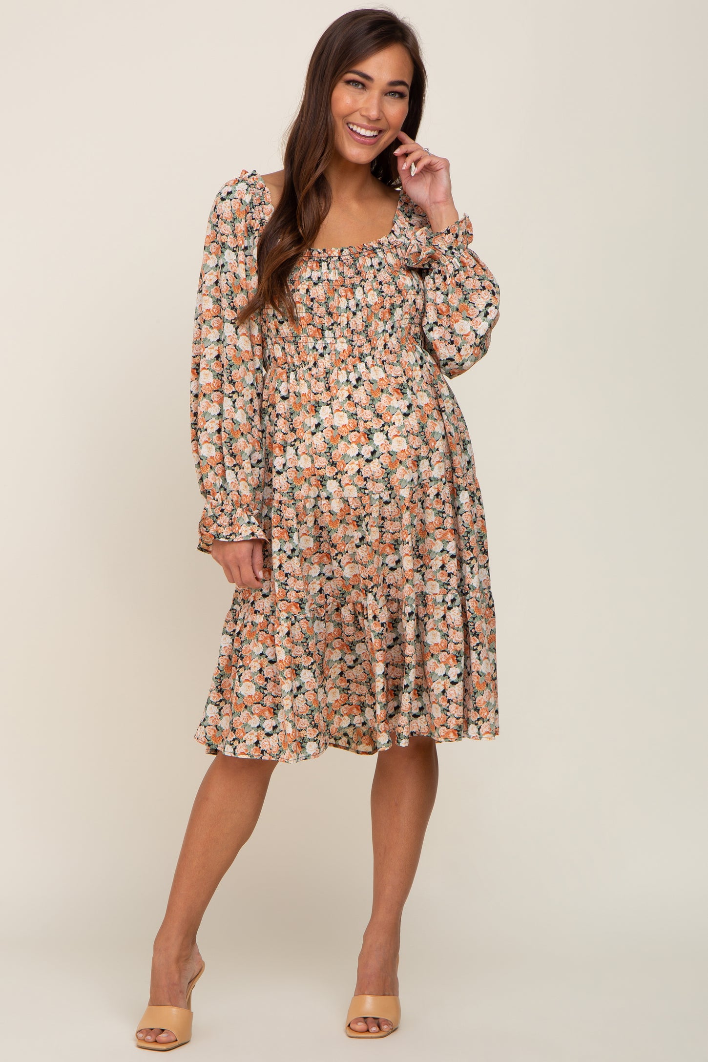 Peach Floral Smocked Square Neck Tiered Maternity Dress– PinkBlush