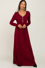 Burgundy Solid Long Sleeve Button Accent Dress
