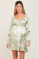 Light Olive Floral Satin Ruched Top Maternity Dress