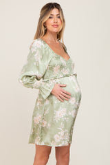 Light Olive Floral Satin Ruched Top Maternity Dress