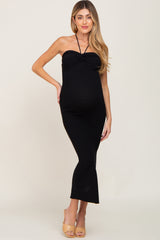 Black Front Twist Halter Maternity Maxi Dress