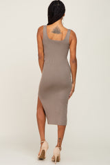 Taupe Knit Fitted Midi Dress