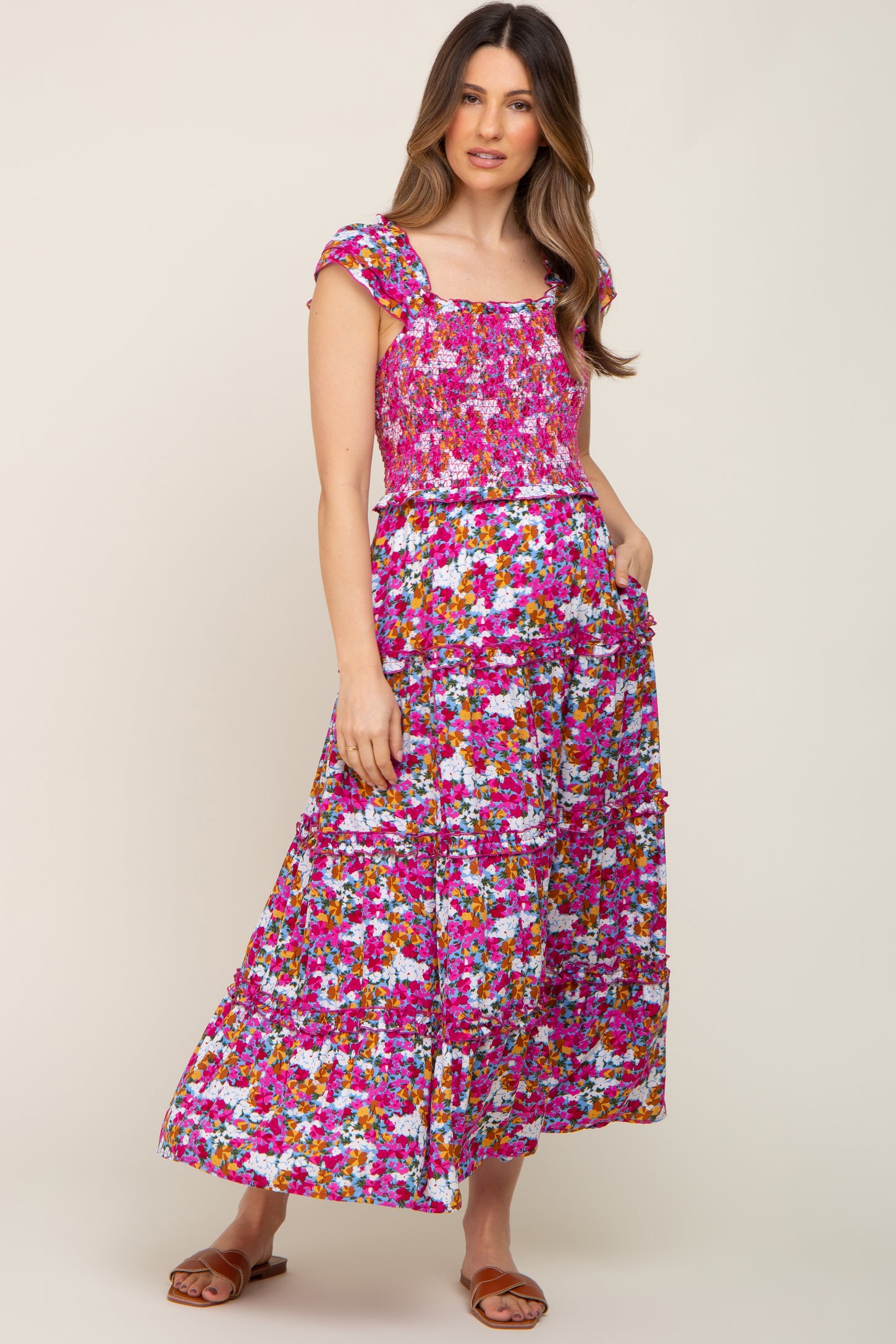 Pink MultiColor Floral Smocked Ruffle Maternity Maxi Dress PinkBlush