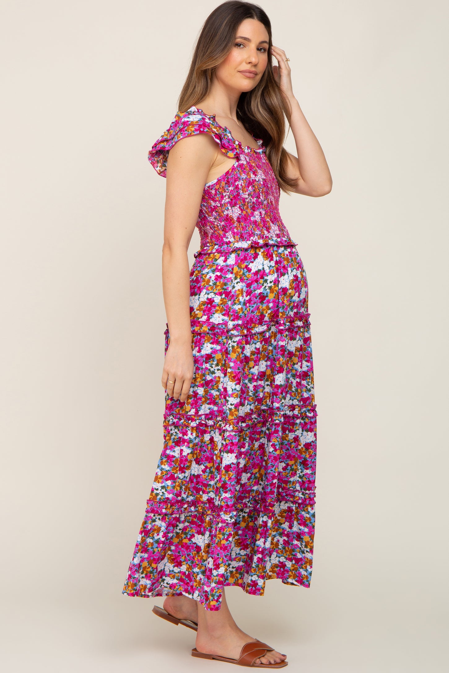 Pink MultiColor Floral Smocked Ruffle Maternity Maxi Dress PinkBlush