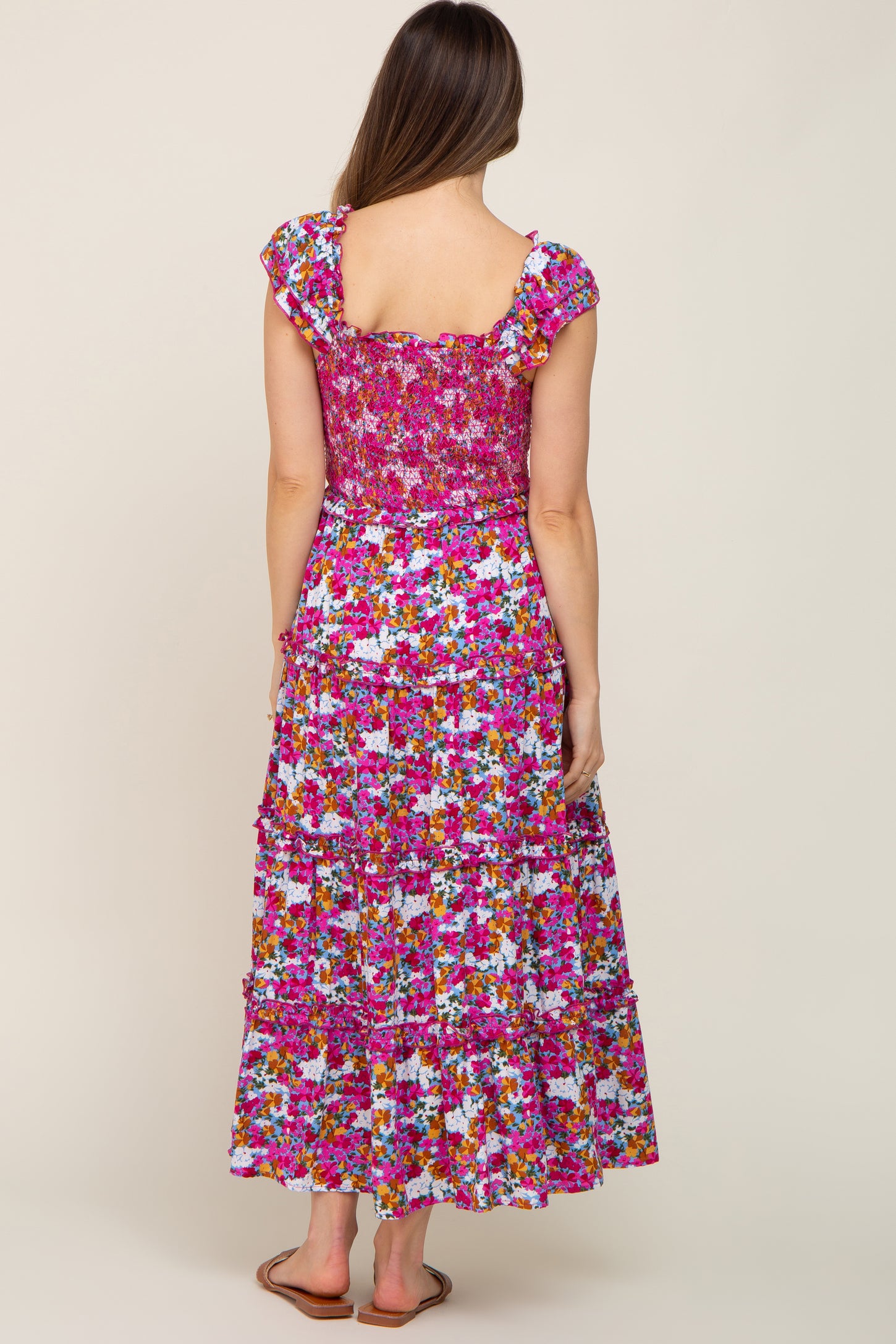 Pink MultiColor Floral Smocked Ruffle Maternity Maxi Dress PinkBlush