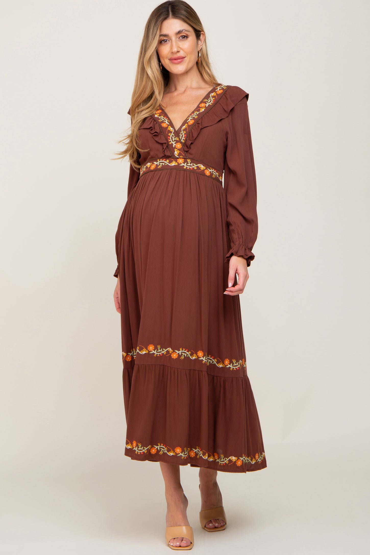 Brown Floral Embroidered Ruffle Maternity Maxi Dress PinkBlush