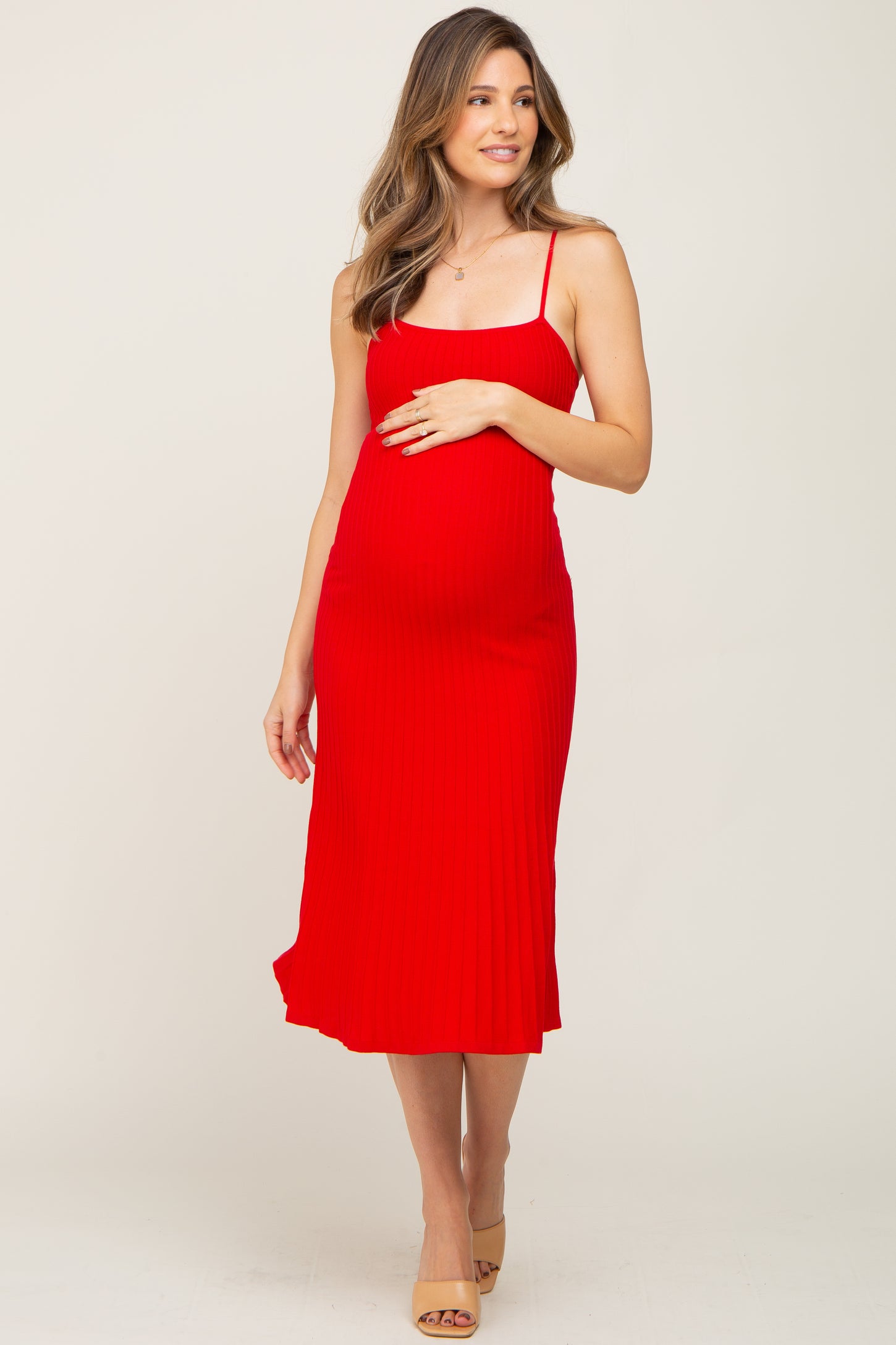 Red Ribbed A-Line Maternity Midi Dress Red Ribbed A-Line Maternity Midi Dress