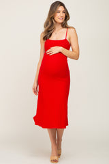 Red Ribbed A-Line Maternity Midi Dress