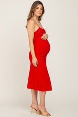 Red Ribbed A-Line Maternity Midi Dress