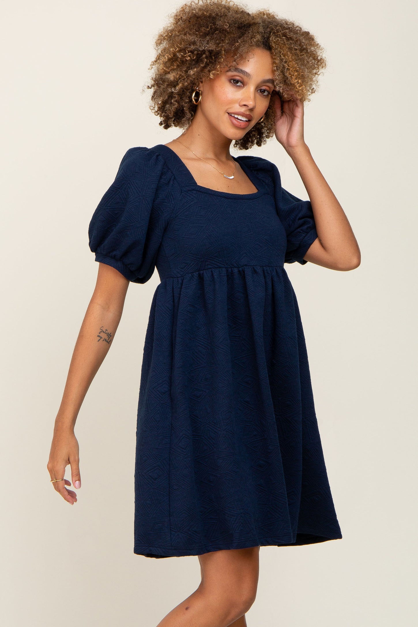 Navy Embroidered Tie Back Dress