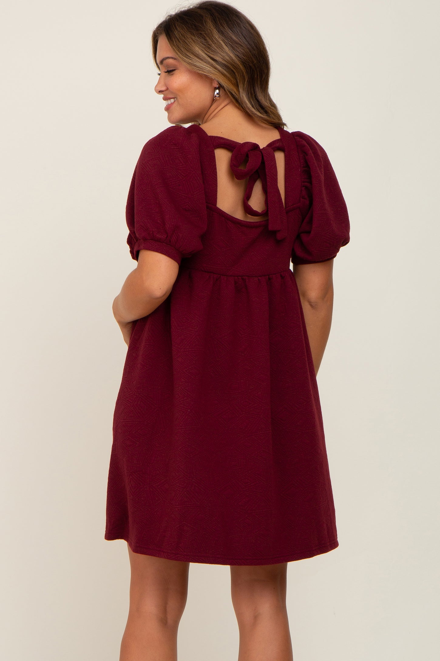 Burgundy Embroidered Tie Back Maternity Dress