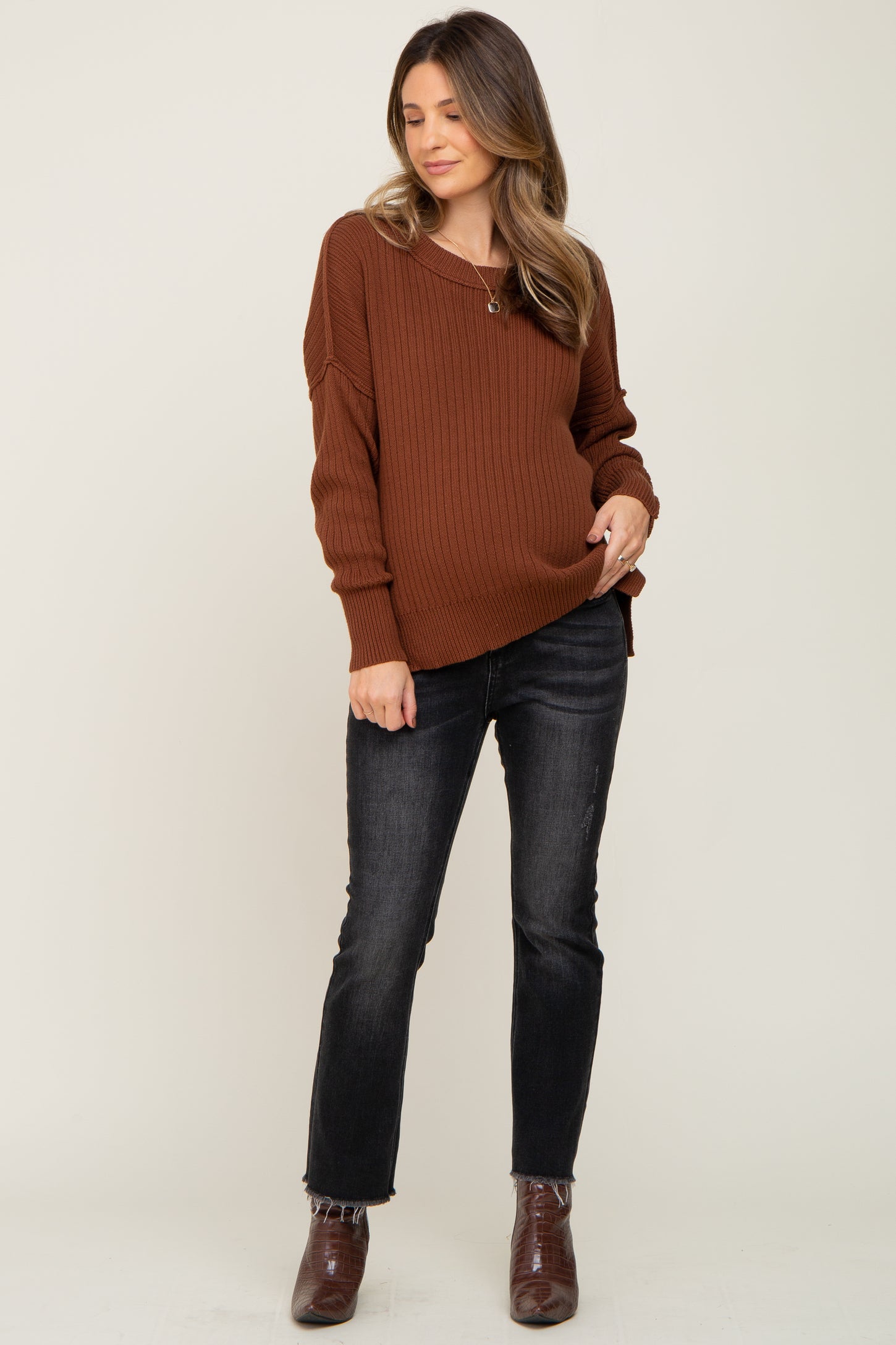 Brown Ribbed Maternity Sweater