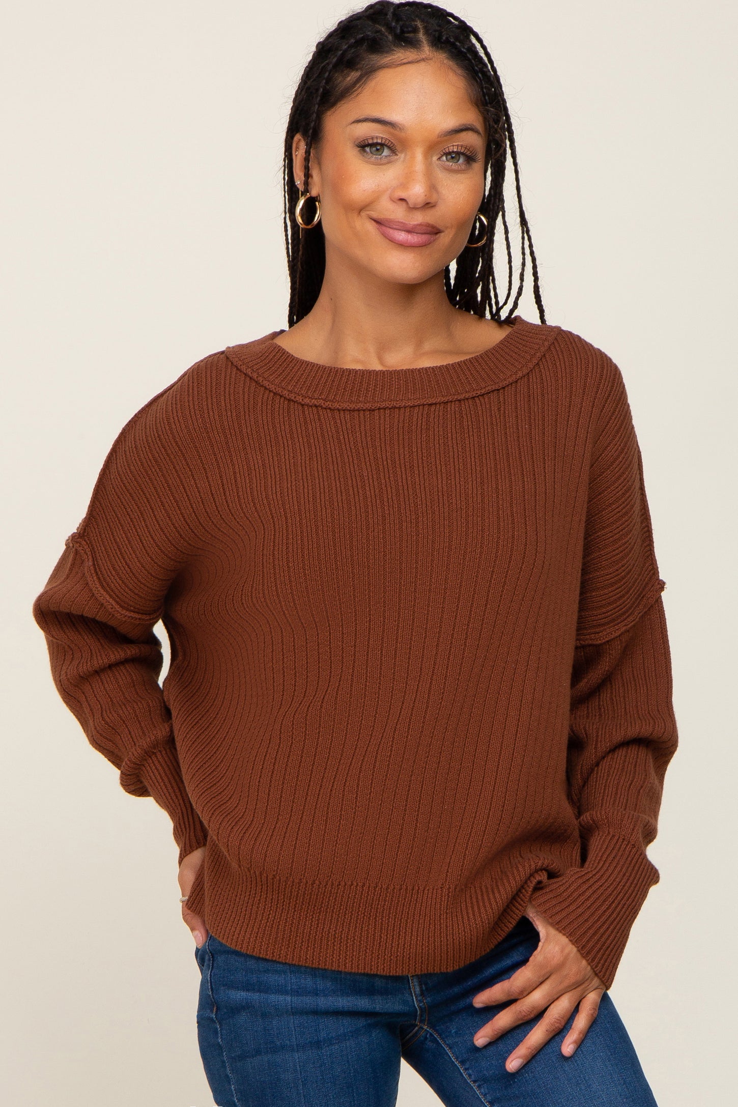 Brown Ribbed Maternity Sweater