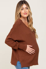 Brown V-Neck Oversized Maternity Sweater