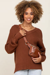 Brown V-Neck Oversized Maternity Sweater