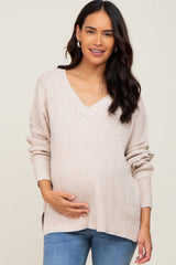 Beige V-Neck Oversized Maternity Sweater