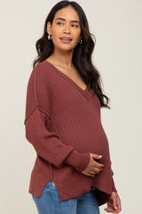 Burgundy V-Neck Oversized Maternity Sweater