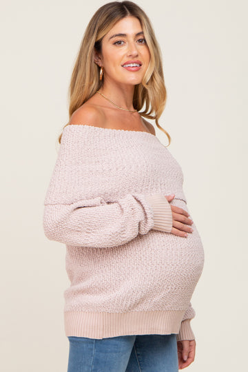 Beige Foldover Off Shoulder Maternity Sweater