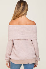 Beige Foldover Off Shoulder Maternity Sweater