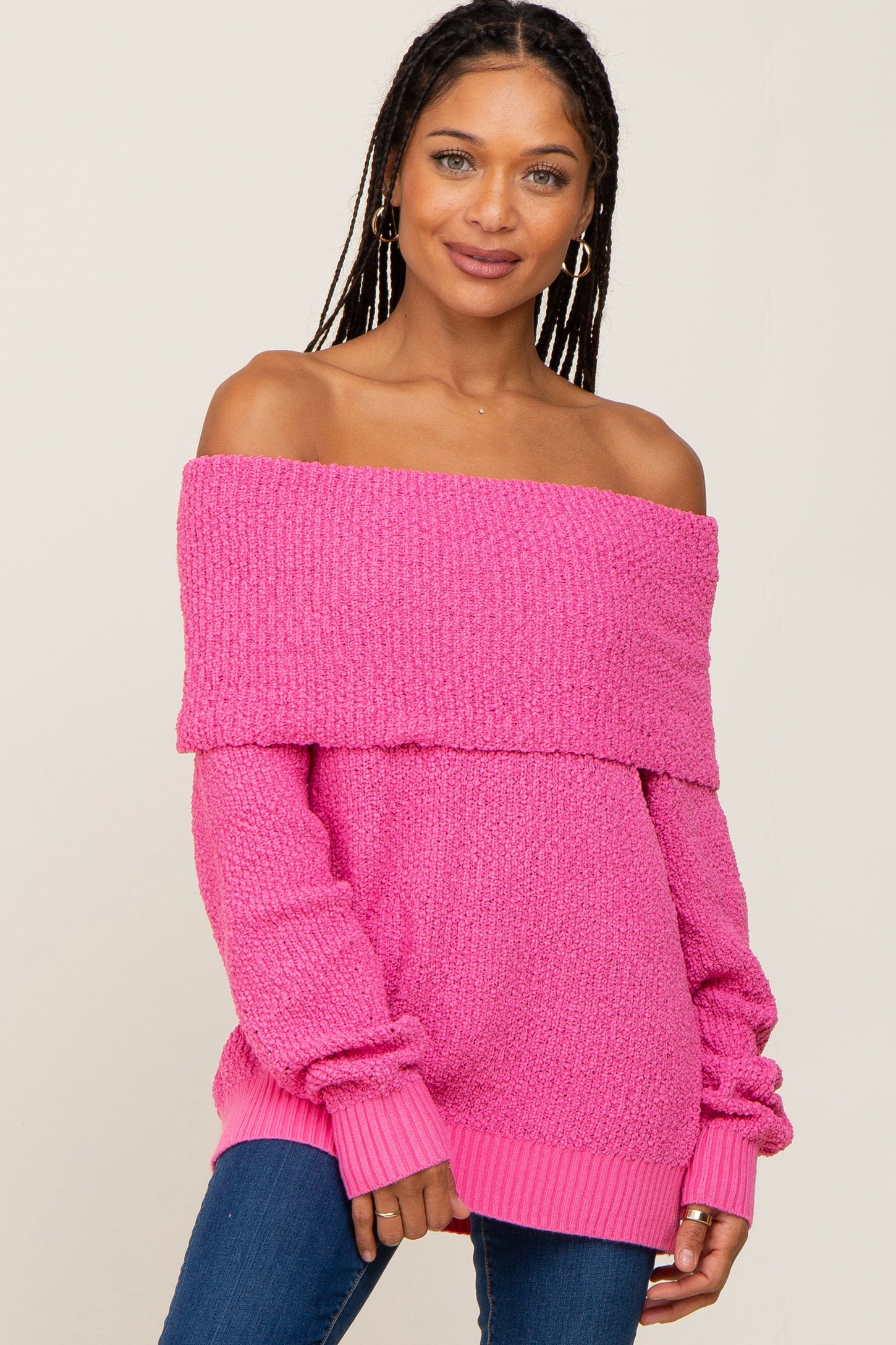 Fuchsia Foldover Off Shoulder Sweater– PinkBlush