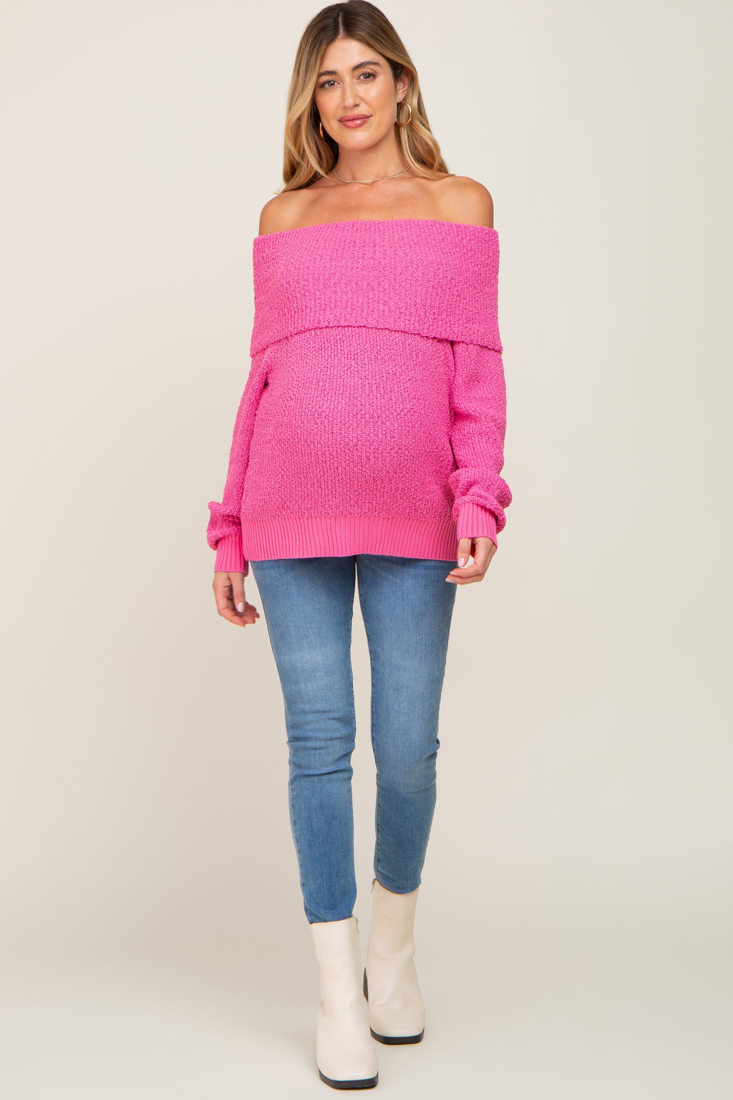 Fuchsia Foldover Off Shoulder Maternity Sweater– PinkBlush