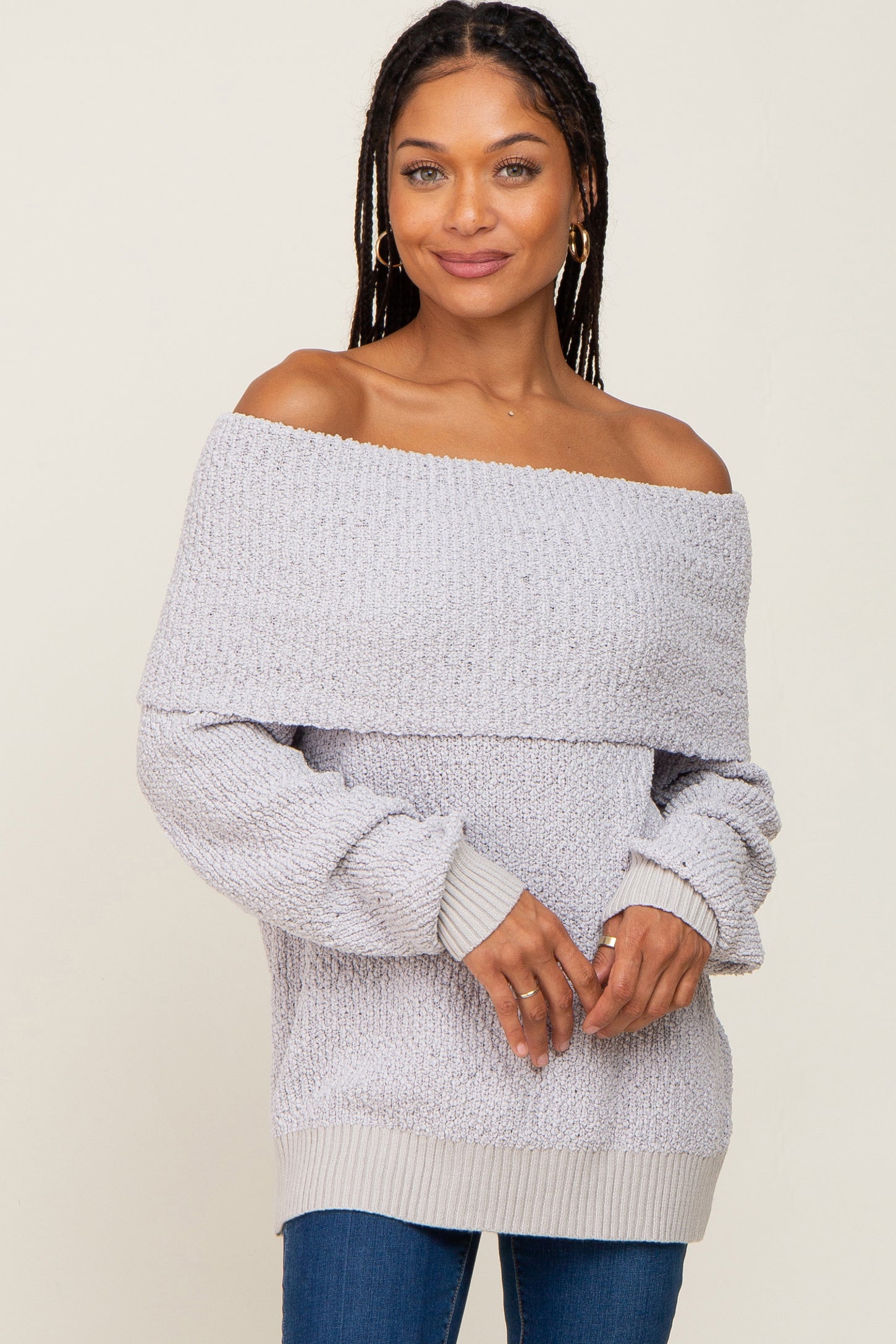 Shoulder Pullover Silver Foldover Off Shoulder Sweater– PinkBlush