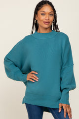 Teal Blue Mock Neck Exposed Seam Sweater